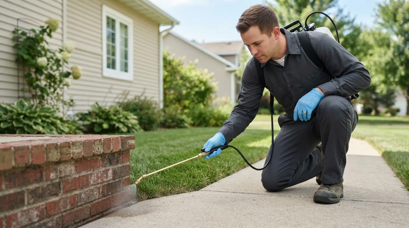 Pest control technician treating a home near Drakesville, IA