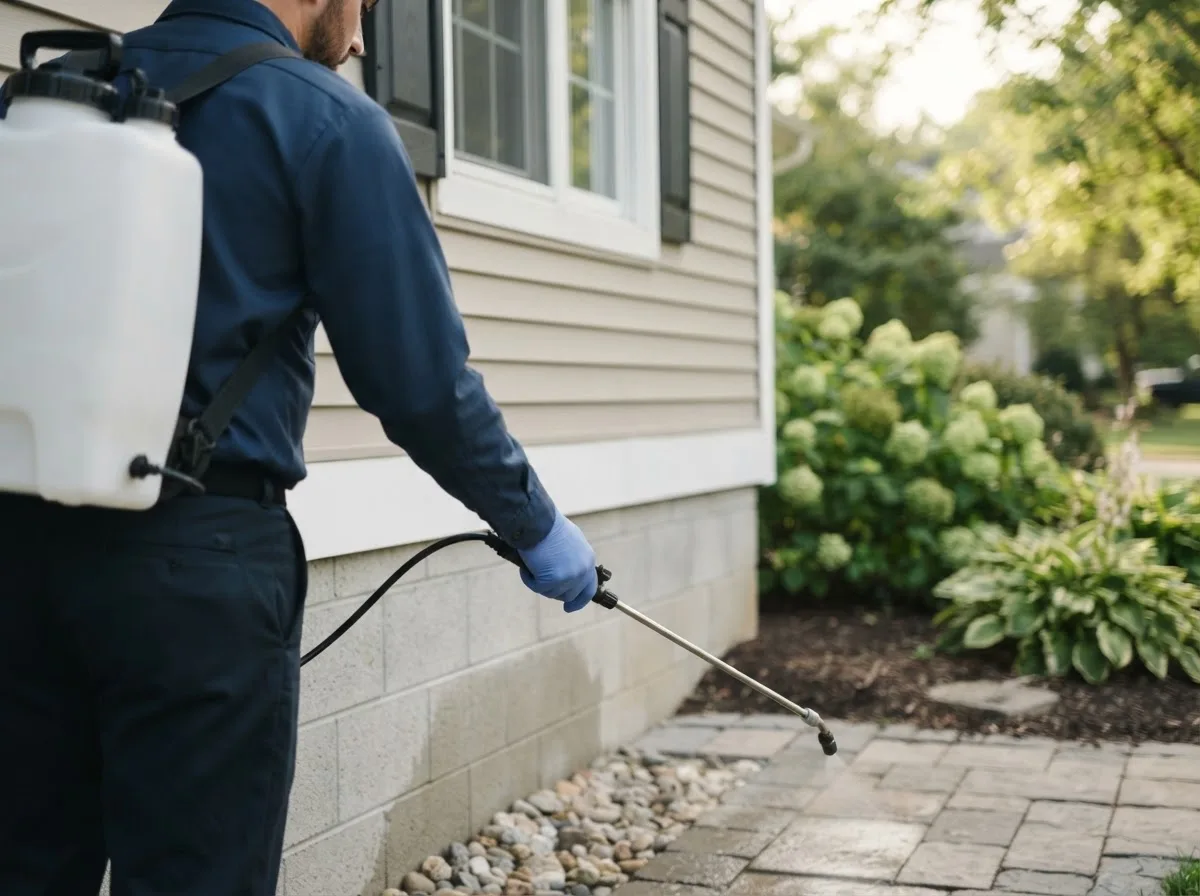 Pest control technician inspecting a home in Drakesville, IA